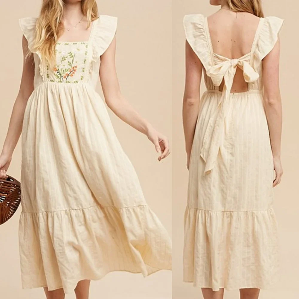 NEW Cream Apron Ruffle Square Neck Floral Embroidered Tie Back Cotton Midi Dress - Picture 11 of 12
